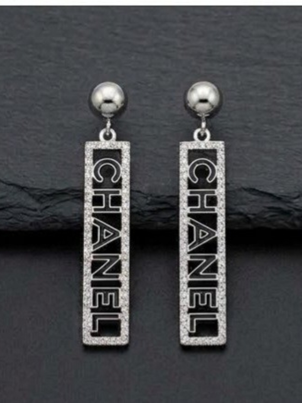 Brand New Silver and Black Logo Bar Drop Earrings
